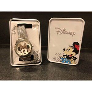 Minnie‎ Mouse Ladies Womens Watch 90th Anniversary Crystal Bow Silver Mesh Band